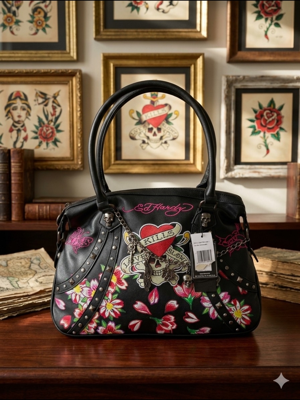 Ed Hardy Love Kills Slowly Satchel Bag Black Tattoo Graphic Skull Floral Y2K NWT